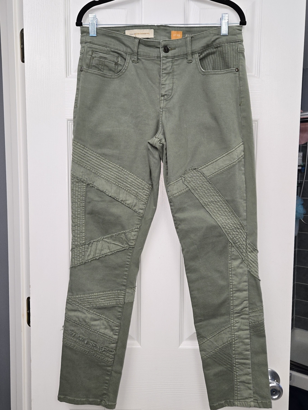 Pilcro Anthropologie Womens 29 Olive Green Moto Stitch Straight Leg Jeans Pants